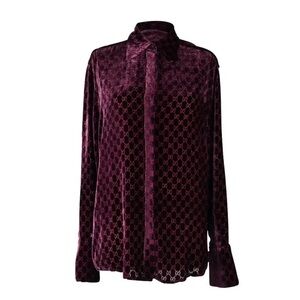 Gucci Tom Ford 1997 Burgundy GG Monogram Burnout Velvet Blouse